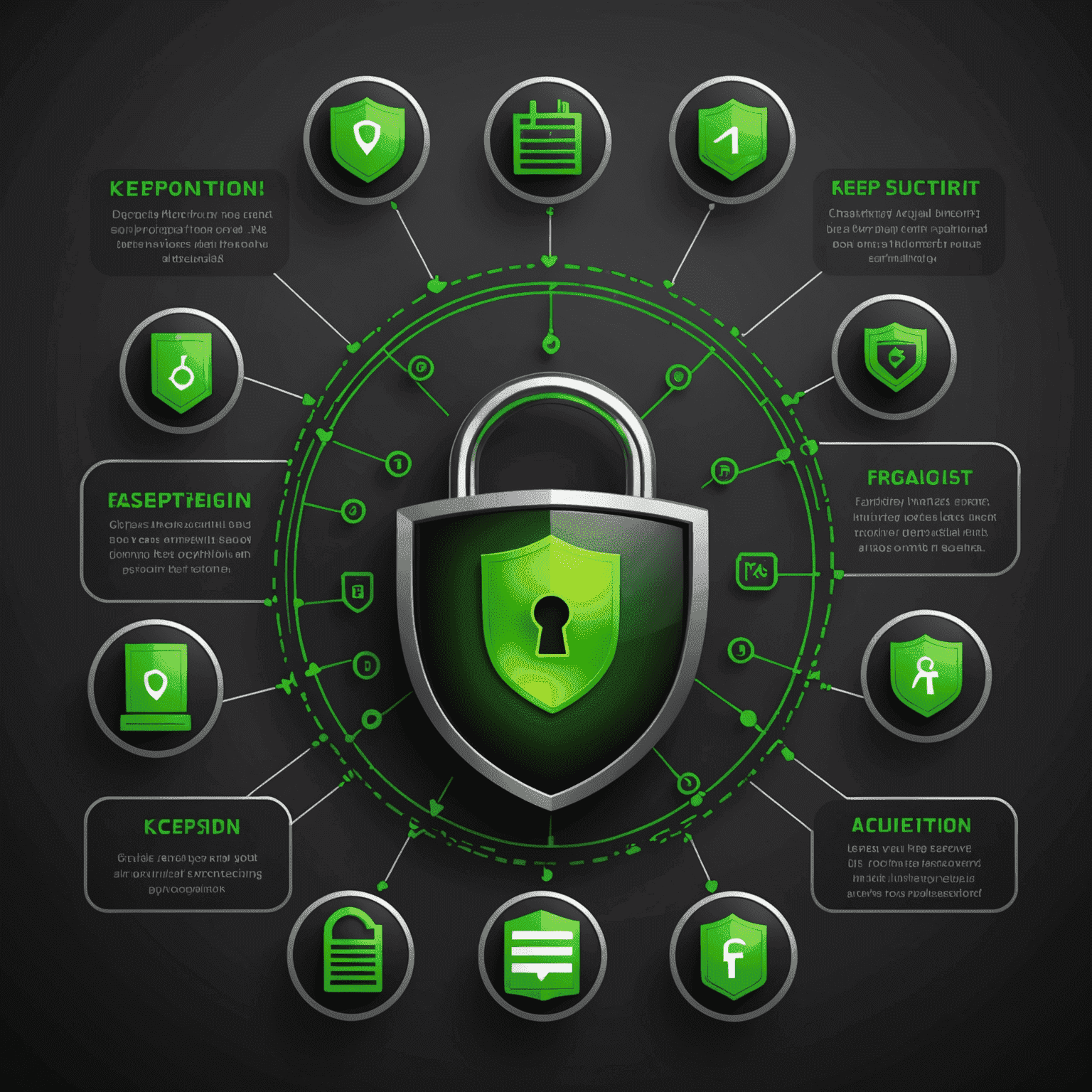 A detailed diagram showing KeePass security features including encryption, key file usage, and two-factor authentication. The image uses a dark background with green accents to highlight different security layers.