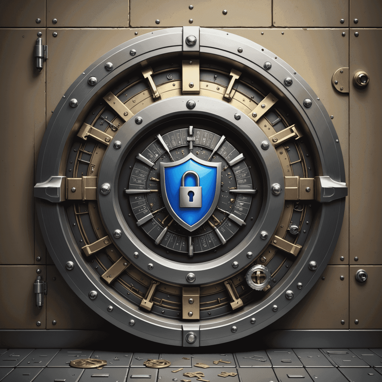 Illustration of a secure vault with KeePass logo, surrounded by security symbols like shields and locks